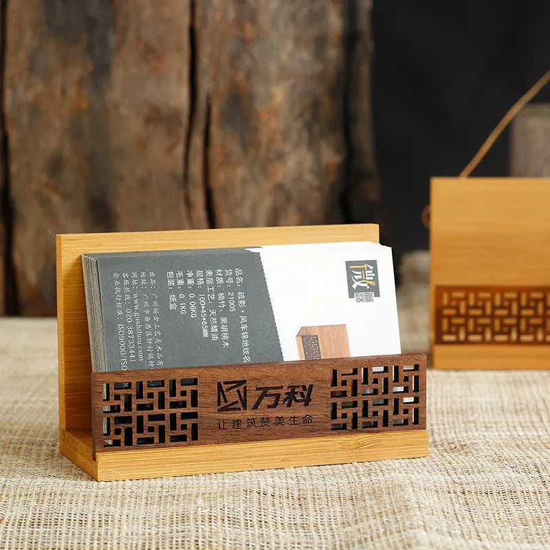 Geometric business cardholder made from bamboo and black walnut wood.