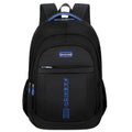 Blue business travel backpack with airpillow straps and sewing line detail on Oxford cloth.