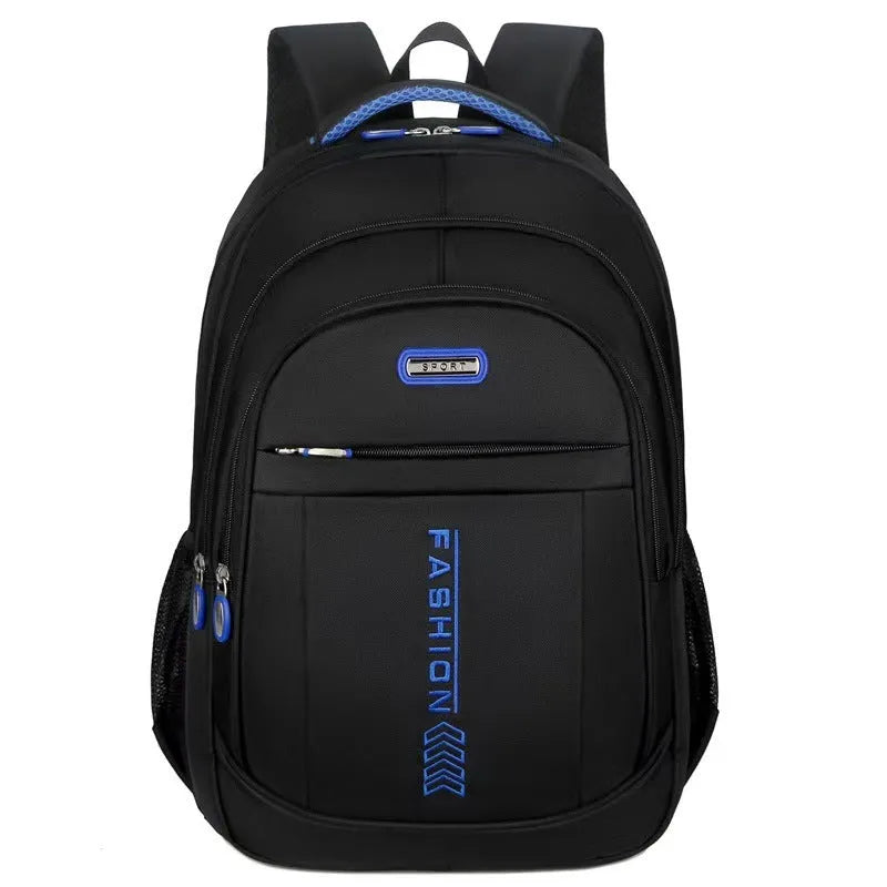 Blue business travel backpack with airpillow straps and sewing line detail on Oxford cloth.