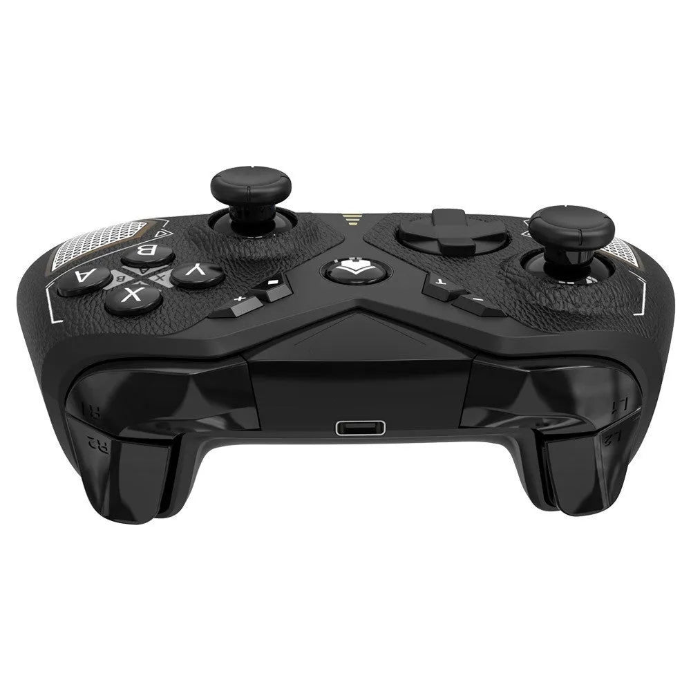 Black wireless game controller with leather-pattern texture on grips, showing analogue sticks and buttons.