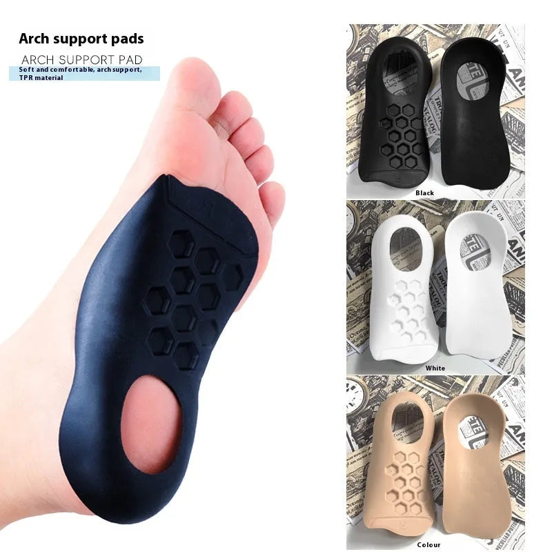 White arch support insole for varus foot correction on a grey background.