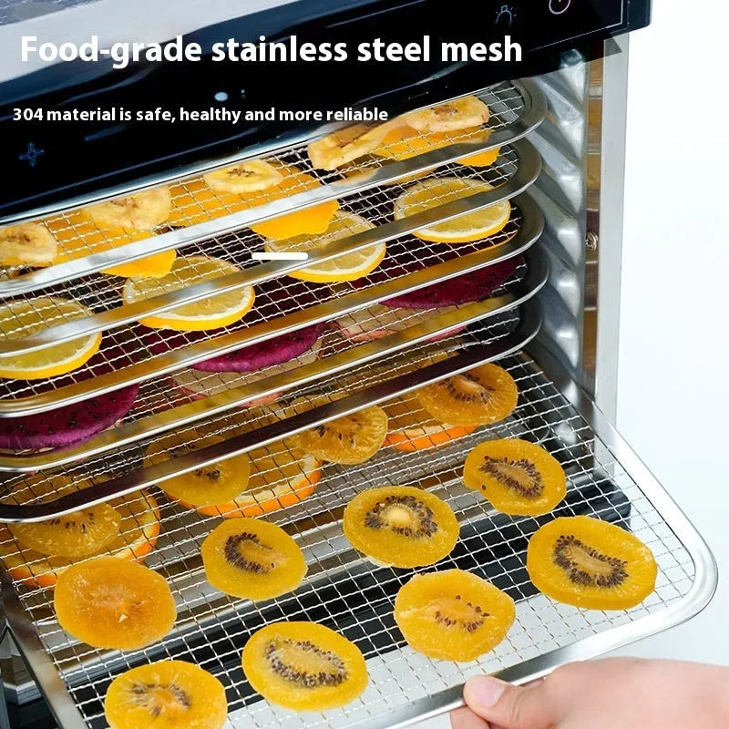 Stainless steel food dehydrator with visual skylight window, LED panel, and multiple drying trays