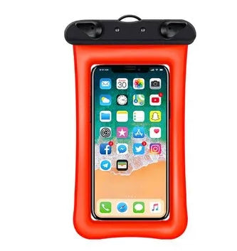 Clear double airbag waterproof phone pouch with orange lanyard on a blue background.
