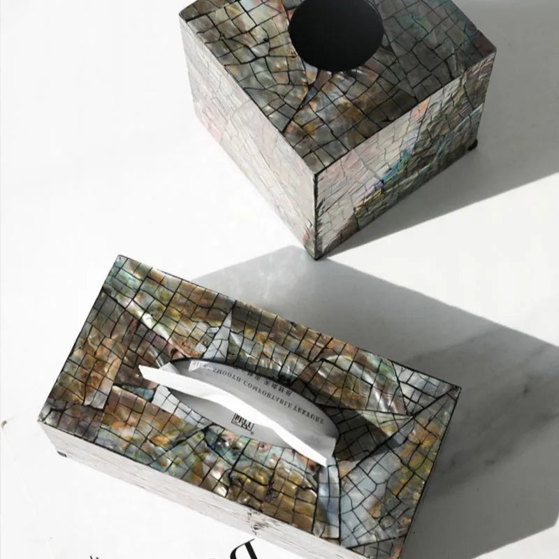 Black natural shell tissue box storage container in rectangular and square styles for coffee table decoration.
