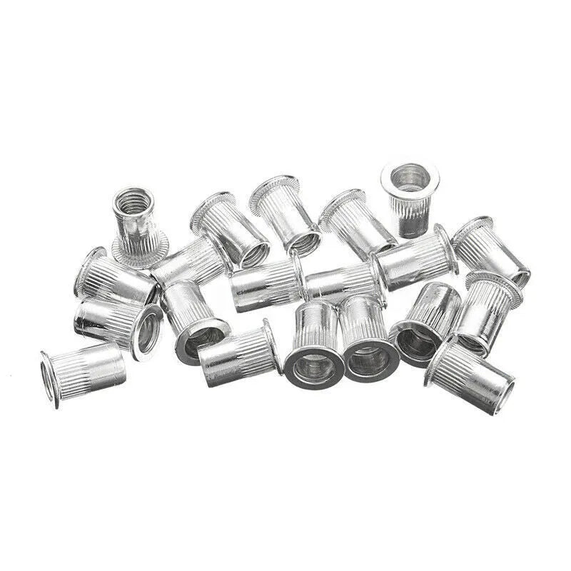 Alloy steel manual riveter tool with assortment of rivet nuts and mandrels from the nut gun set.