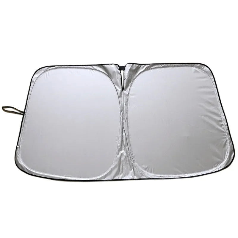 Titanium silver aluminium foil car sunshade folded, showing reflective surface and size options for windscreen protection.