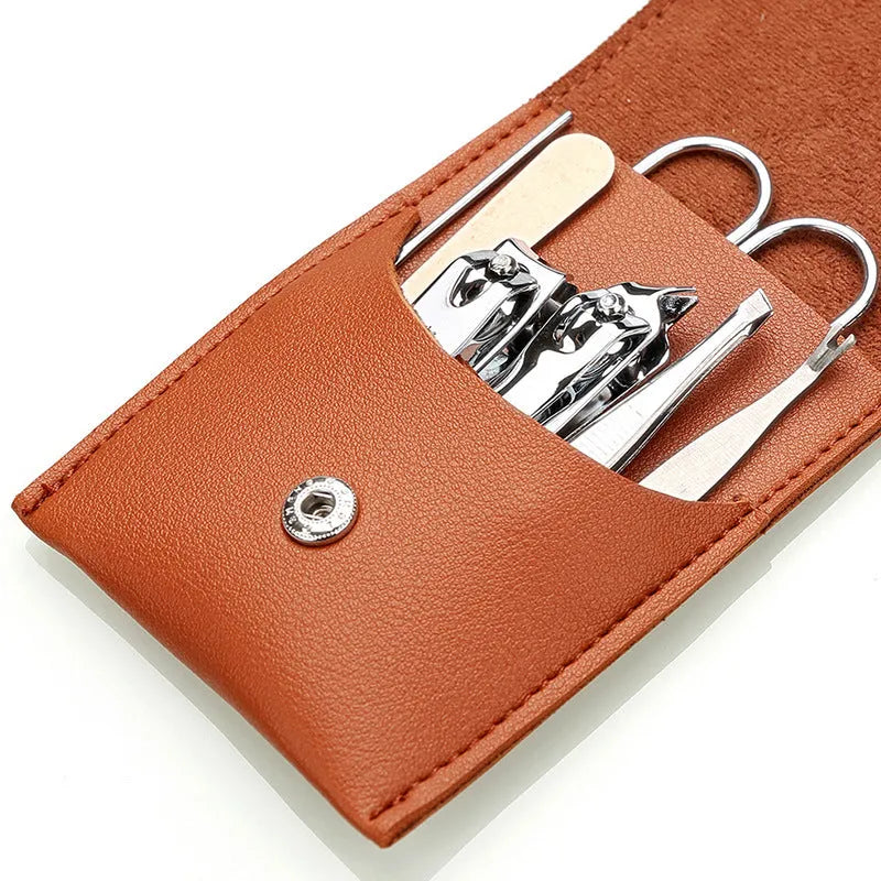 Stainless steel nail clipper set with non-slip black polish and fabric PU leather case in brown colour