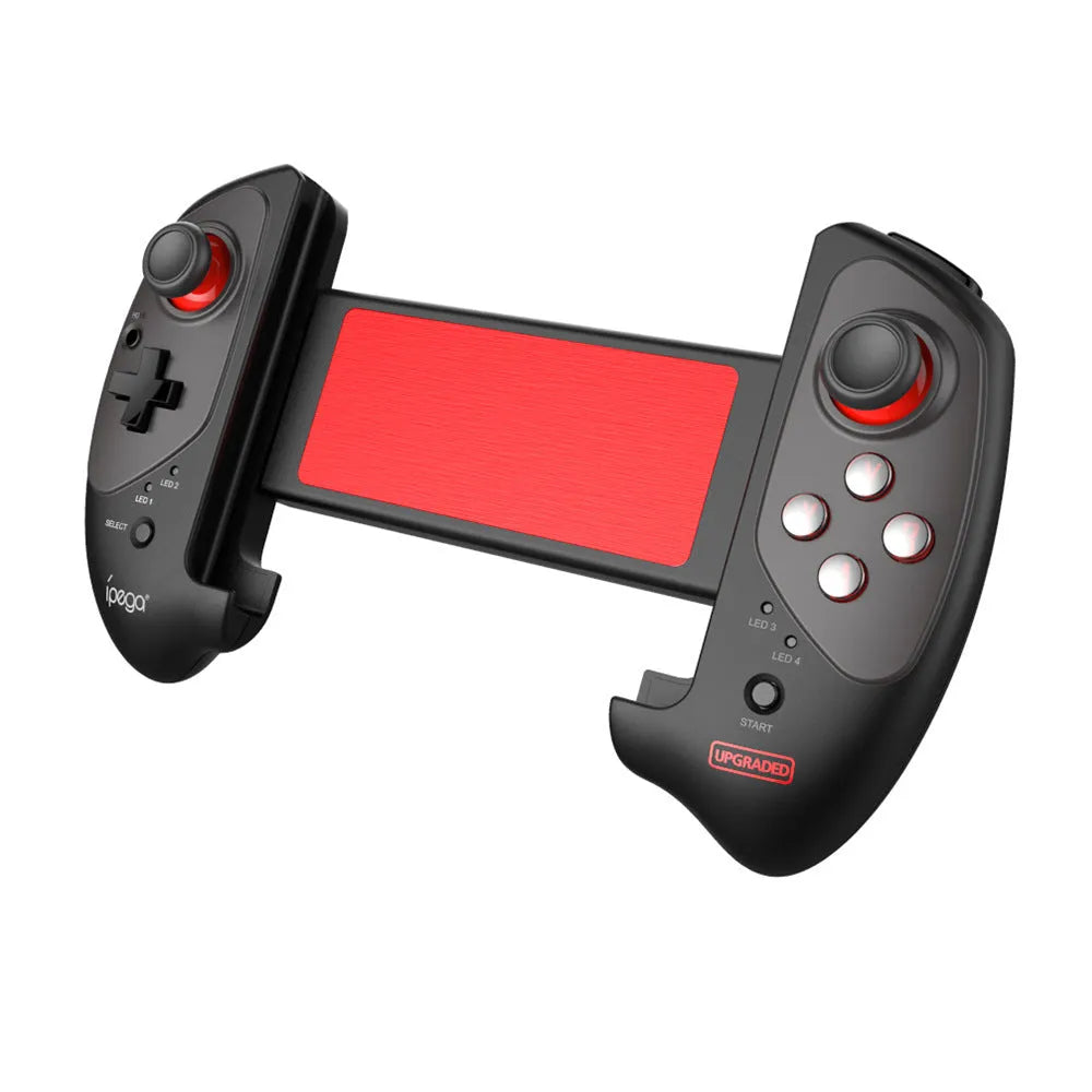 Red telescopic Bluetooth gamepad with USB cable for Android, iOS and PC gaming.