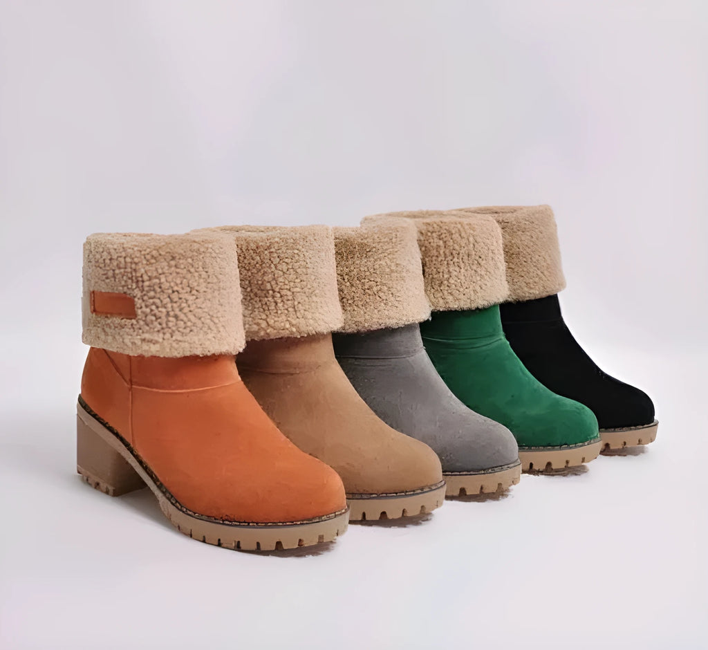 Women's suede mid-tube snow boots with a thick heel and round toe in multiple colours.