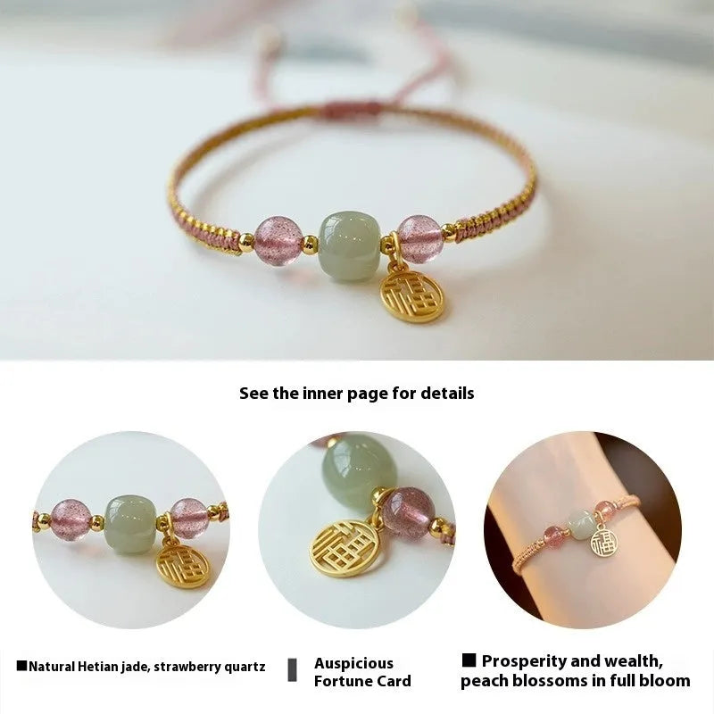 Adjustable red rope bracelet with a choice of Strawberry Quartz or Hetian Jade bead, showing the national style design.