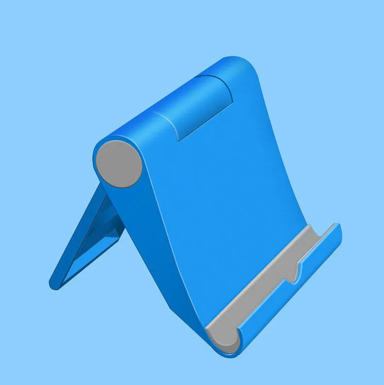 Black PE folding tablet stand holding a mobile phone at an adjustable viewing angle on a wooden desk.