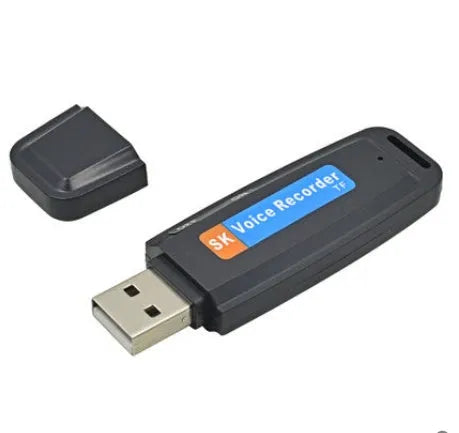Black and white USB flash drive with voice playback function showing dimensions of 70mm length