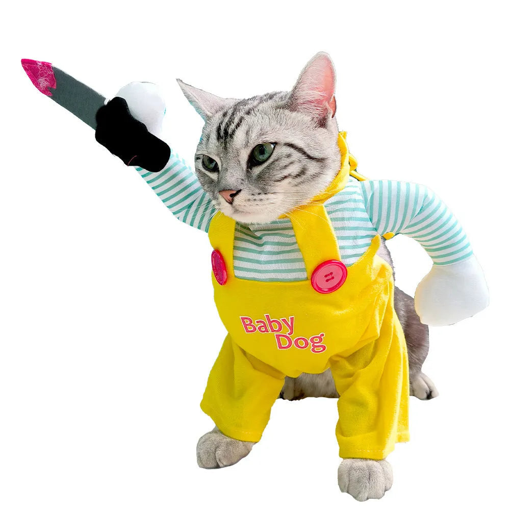 Yellow knife assassin themed cat costume with B02405 colour design in polyester