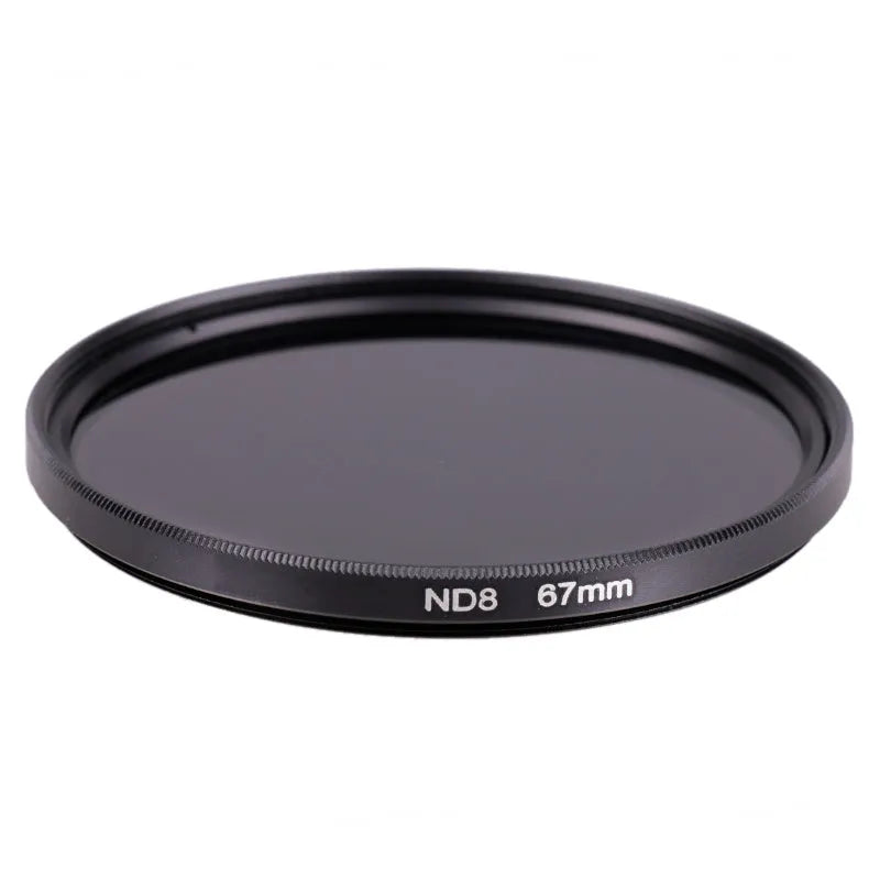 Redcircle ND8 neutral density camera filter with silver aviation aluminium frame on a camera lens.