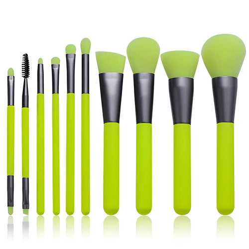 10 piece professional fluorescent green makeup brush set with synthetic fibre bristles and wooden handles