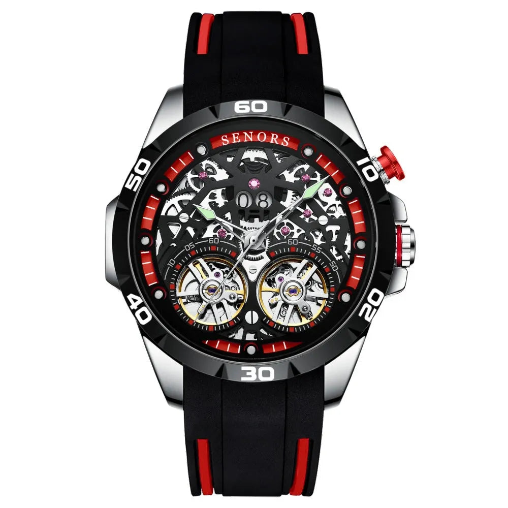 Men's automatic mechanical watch with luminous hands and a skeleton dial showing the movement, in a choice of red or blue.