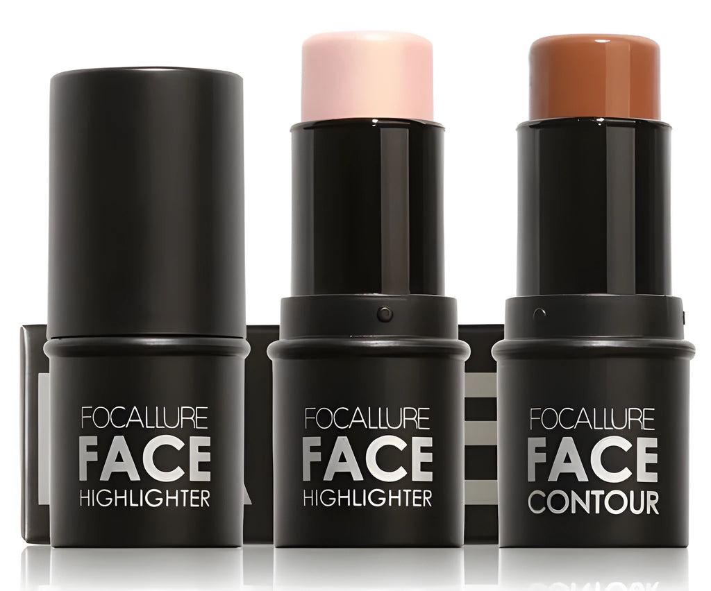 Face contour highlighter cosmetic product showing four shade options labelled A, B, C, and D
