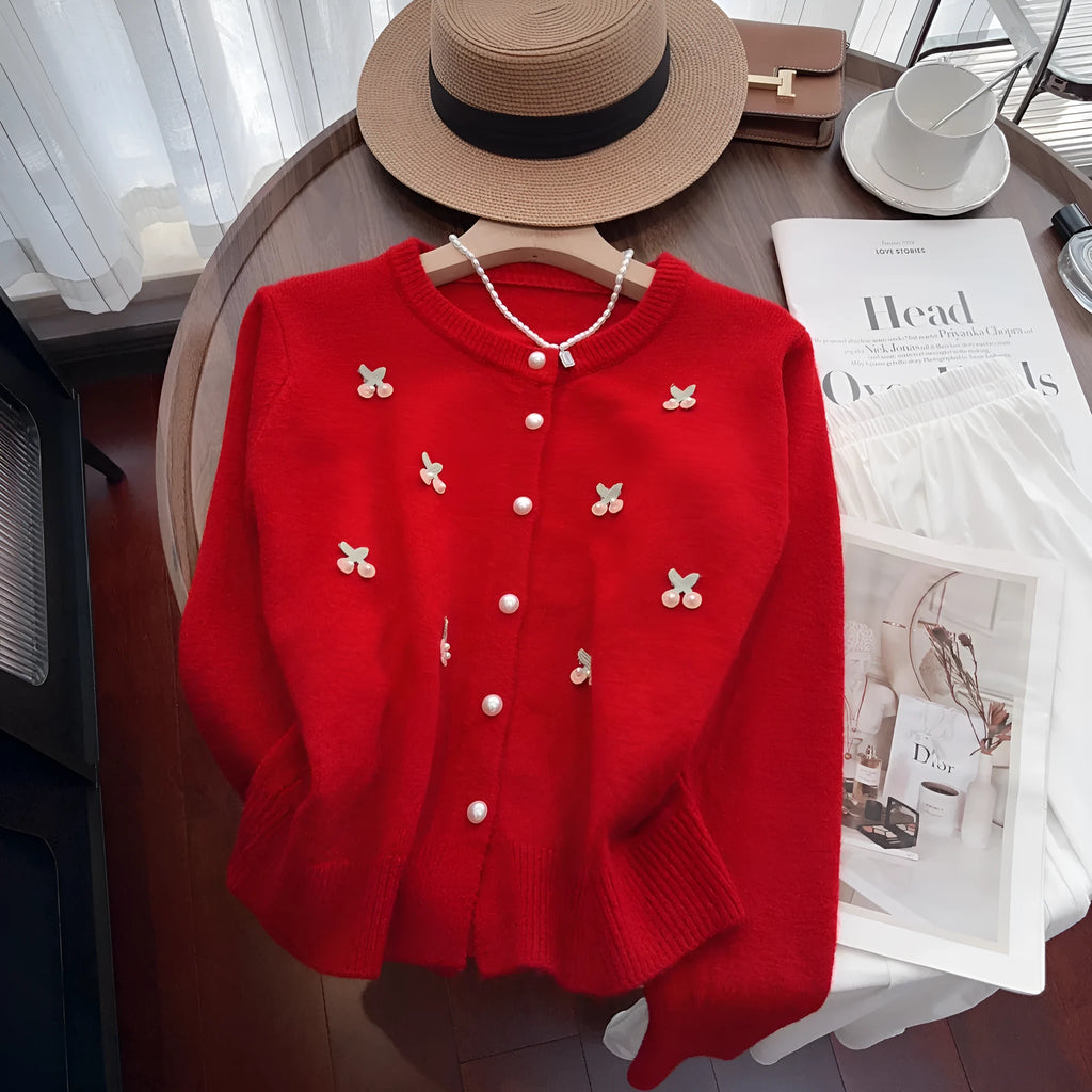French cashmere cardigan coat with beaded round neck decoration in multiple colour options