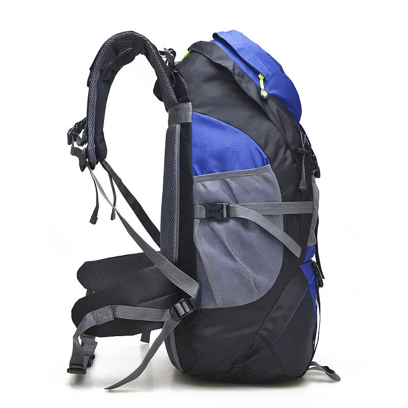 50L waterproof foldable nylon backpack in red with adjustable straps and chest belt