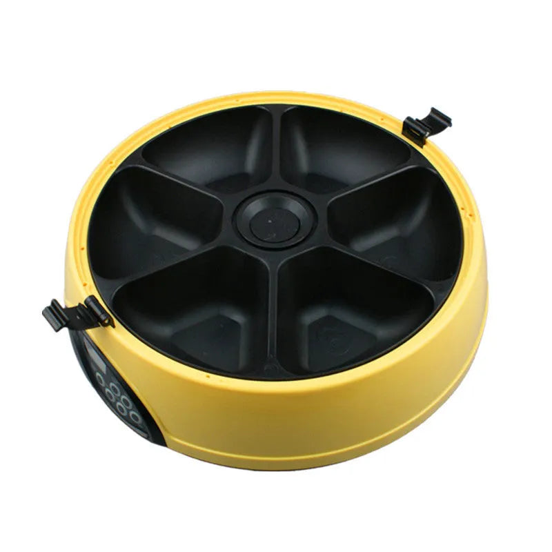 Automatic pet feeder with six food slots, built-in clock, voice recorder, and detachable ABS tray, 32.4X9cm