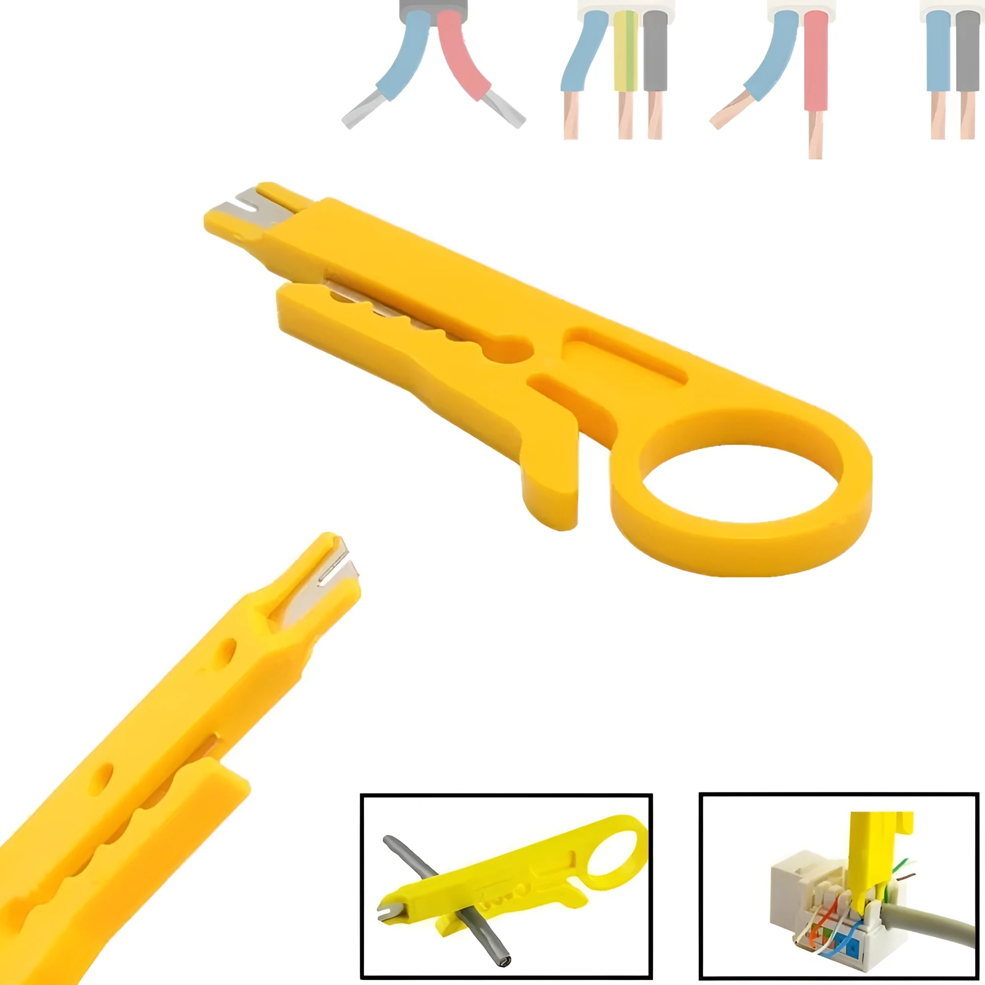 Yellow mini handheld wire stripper tool for 0.6mm network and telephone cables.