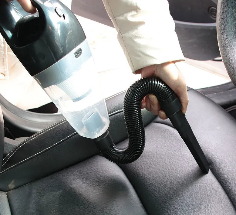 Portable 12V car vacuum cleaner with attachments in orange, black, or blue