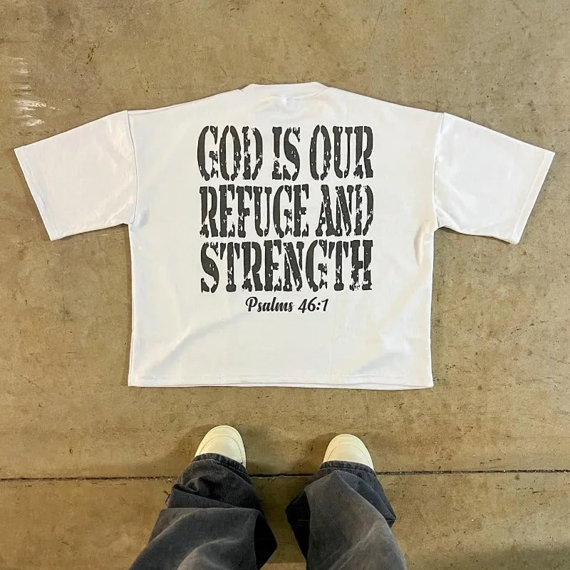 Short sleeve retro street style cotton t-shirt with printed graphic and drop-shoulder sleeves.