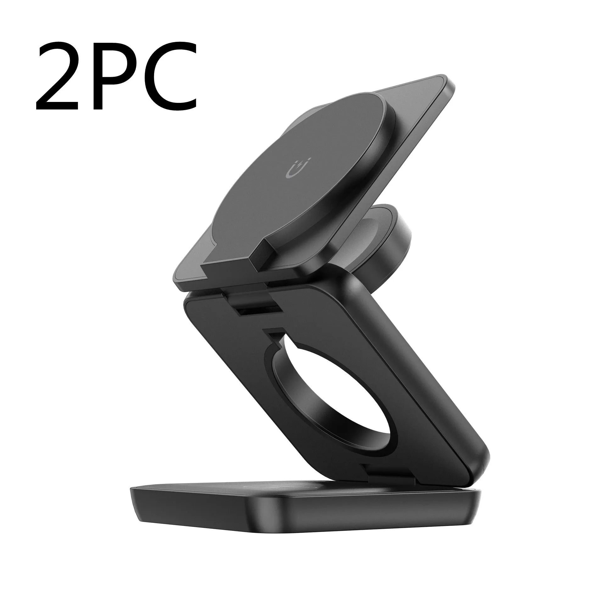 Black foldable magnetic wireless phone charging holder showing stand and compact size.