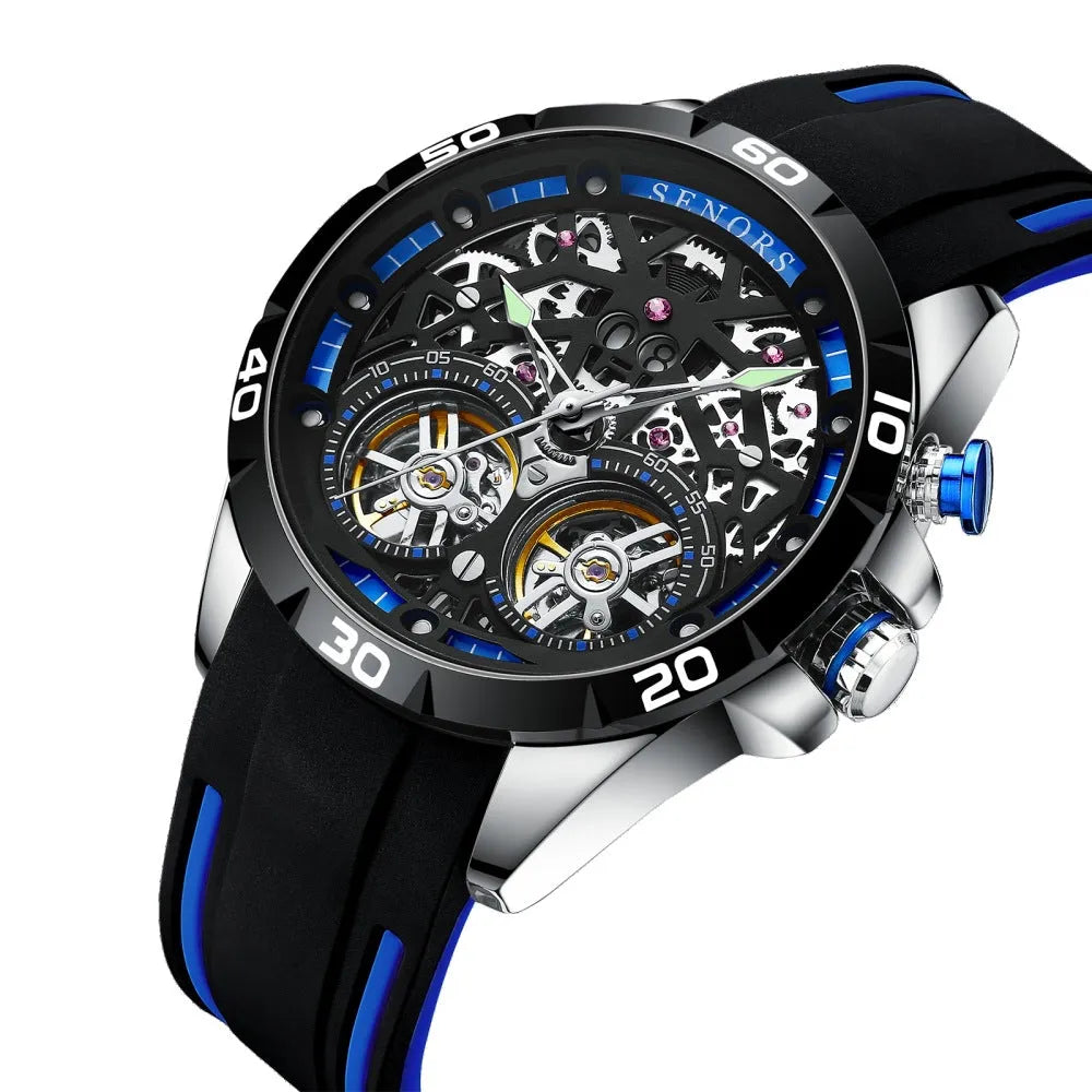 Men's automatic mechanical watch with luminous hands and a skeleton dial showing the movement, in a choice of red or blue.