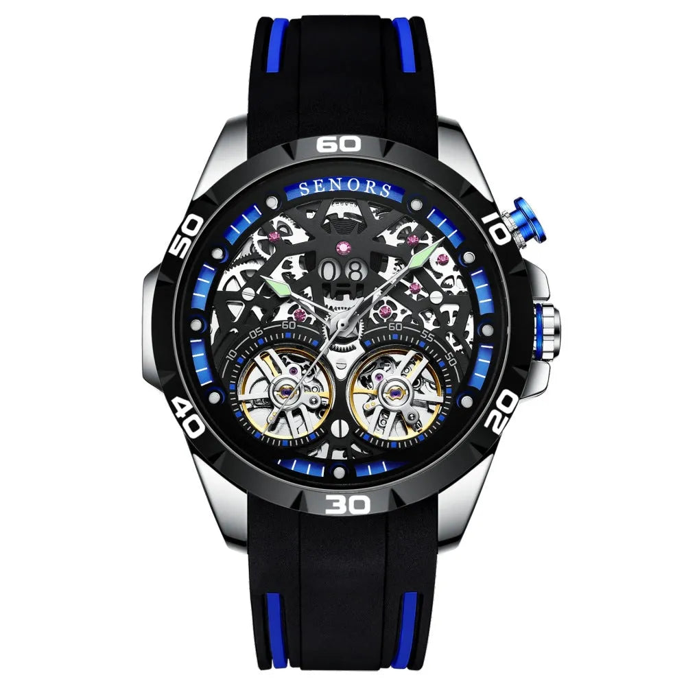 Men's automatic mechanical watch with luminous hands and a skeleton dial showing the movement, in a choice of red or blue.