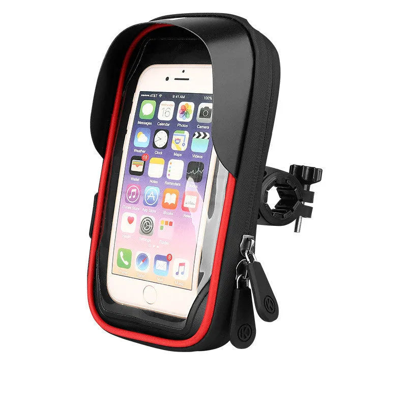 Black mobile phone mount for bicycle handlebars with waterproof zipper, showing touch-sensitive TPU front.