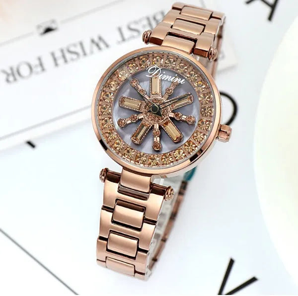Fashion women watch with round 33mm steel dial, mineral glass mirror, and fine steel bracelet in Coffee colour