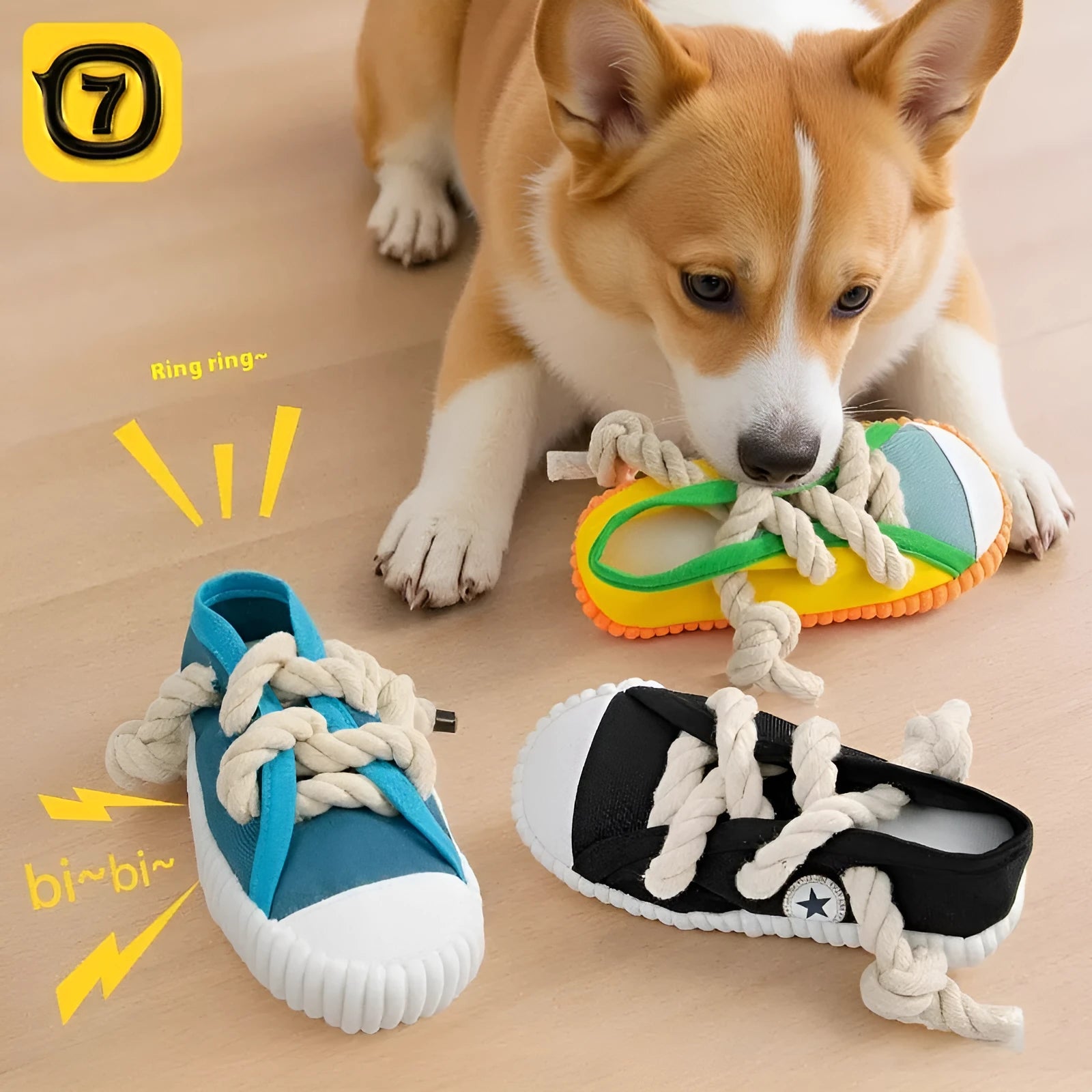 Yellow plastic dog slippers chew toy with a squeaker on a white background.