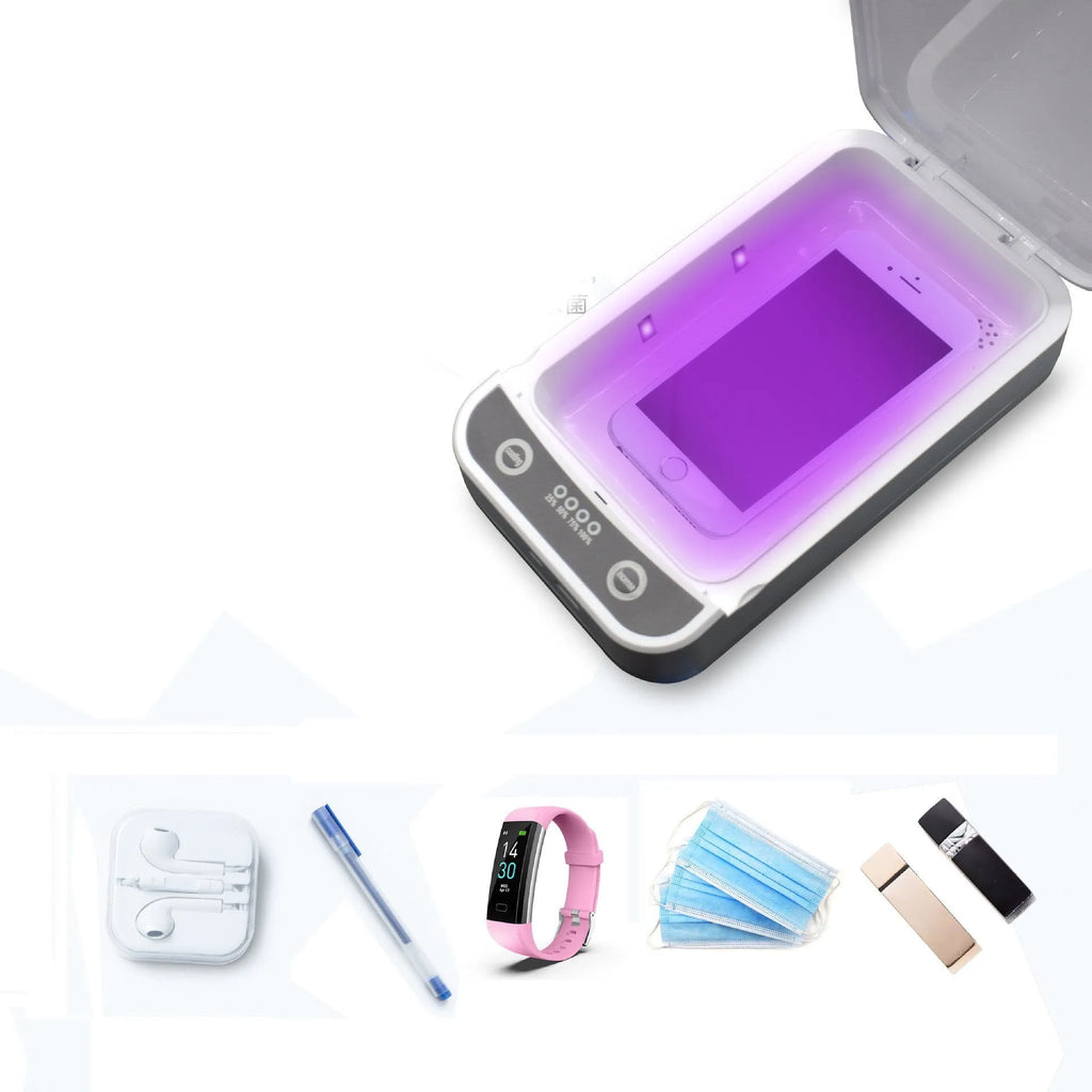 White UV disinfection box with internal chamber for sanitising mobile phones and small items.