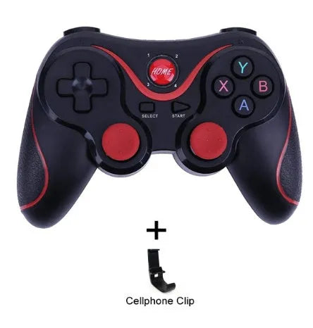 Upgraded X3 Bluetooth wireless game controller for Android phones in black or white, shown with a mobile phone clip accessory.