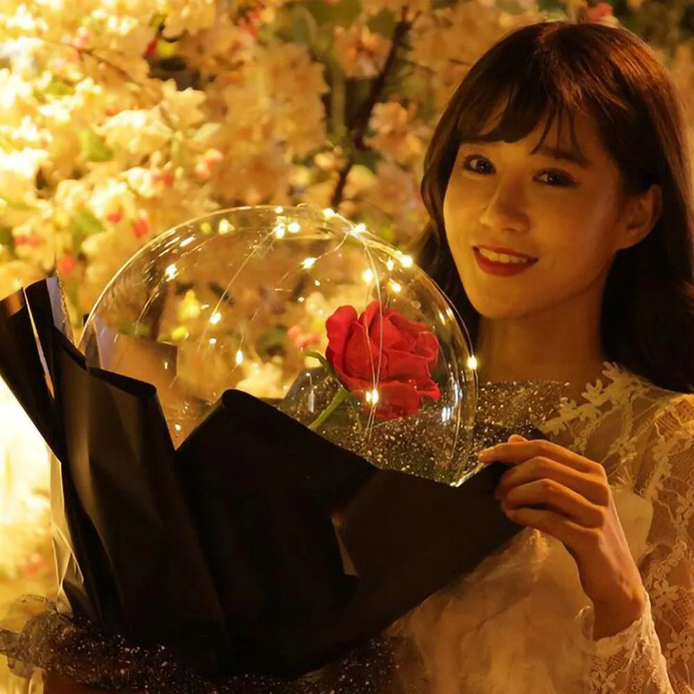 DIY LED luminous balloon rose bouquet set with transparent Bobo balls and LED lights on artificial flowers