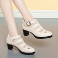 Women's beige closed toe sandals with chunky heel, woven design, and adjustable ankle-strap buckle
