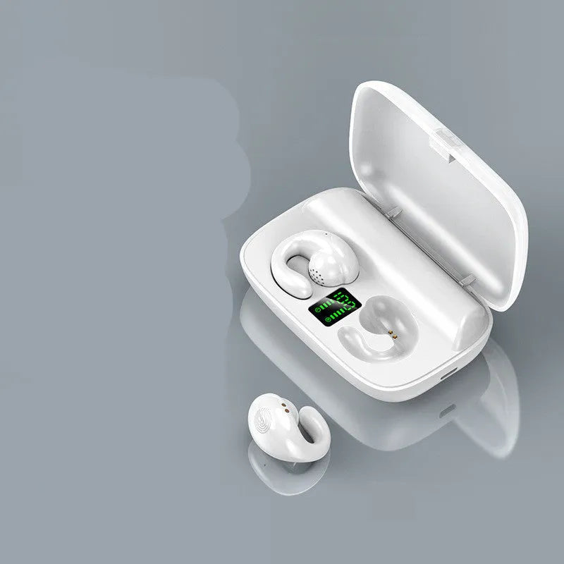 Bluetooth 5.0 out-of-ear hanging ear wireless headphones in black, white, skin tone and red with USB cable and manual