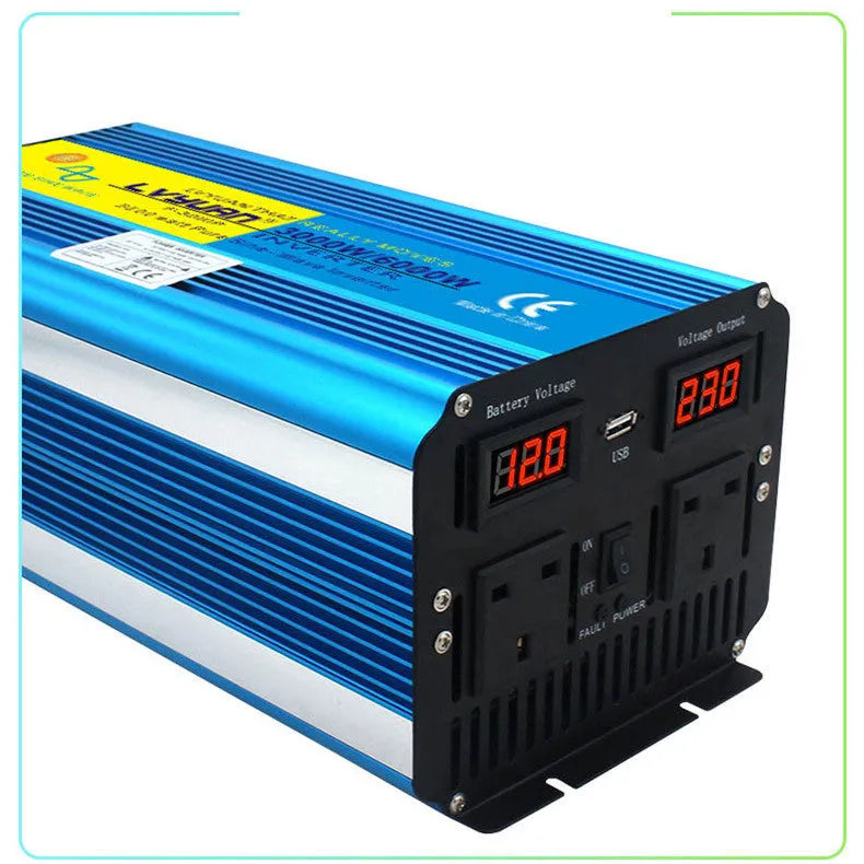 Blue 3000W pure sine wave car power inverter with digital display and British socket