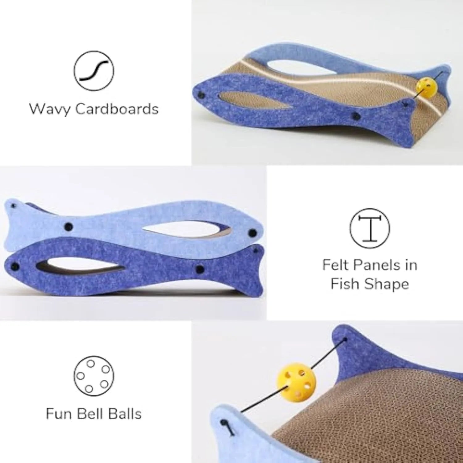 Blue fish-shaped cardboard cat scratcher with attached bell ball toy