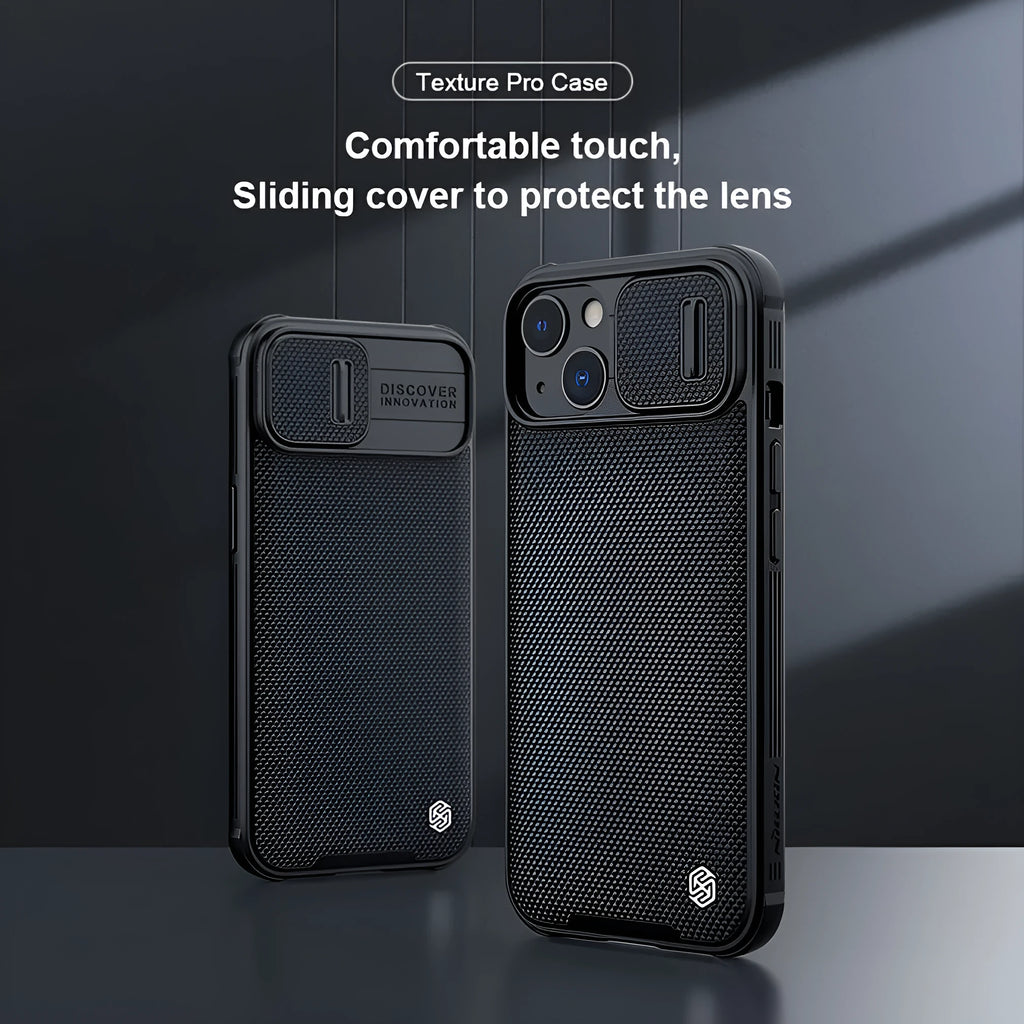 Black textured sliding back cover protective case for iPhone 13 Pro Max, made from PC and TPU.
