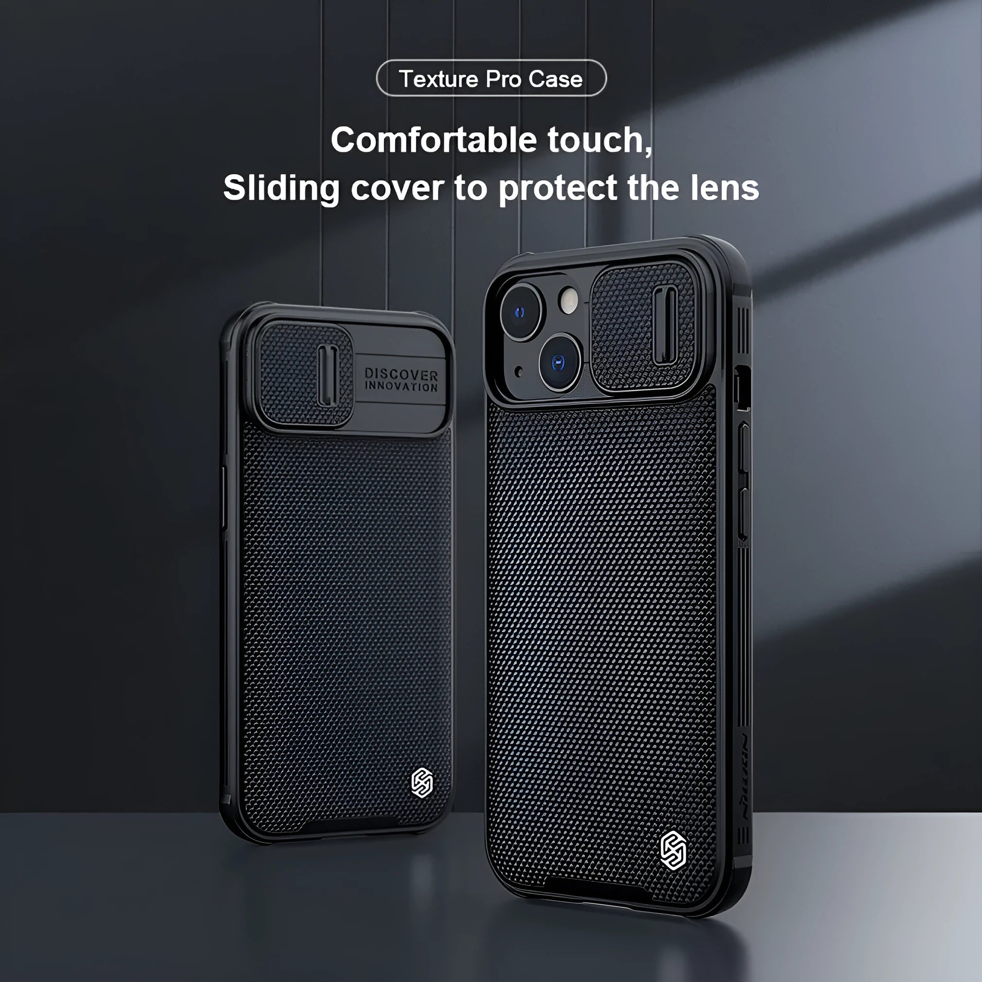 Black textured sliding back cover protective case for iPhone 13 Pro Max, made from PC and TPU.