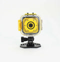Yellow children's waterproof sports camera with 1.77-inch screen showing 720p HD video recording capability