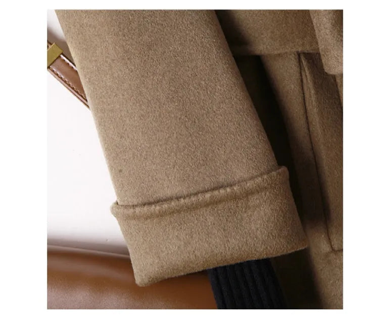 Men's wool coat with long suit collar in caramel colour showing single-breasted button front