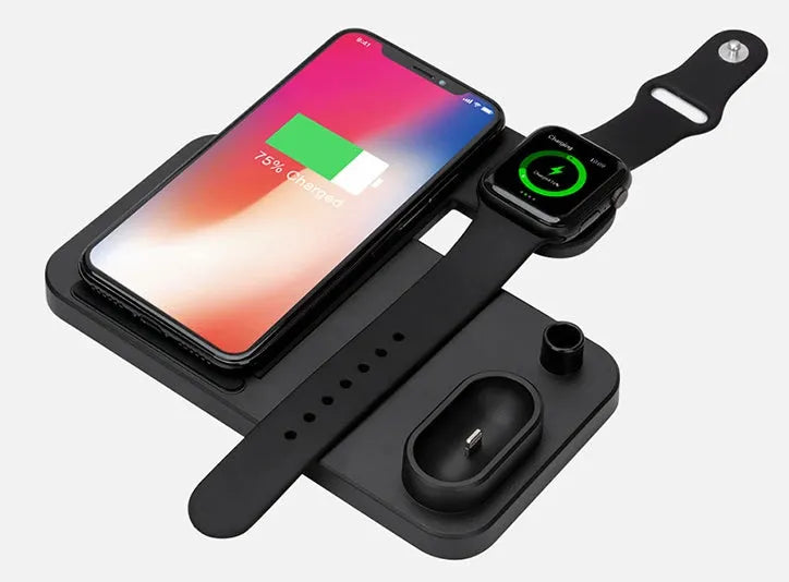 Black foldable 4-in-1 wireless charging station showing phone, Apple Watch, and AirPods charging simultaneously.