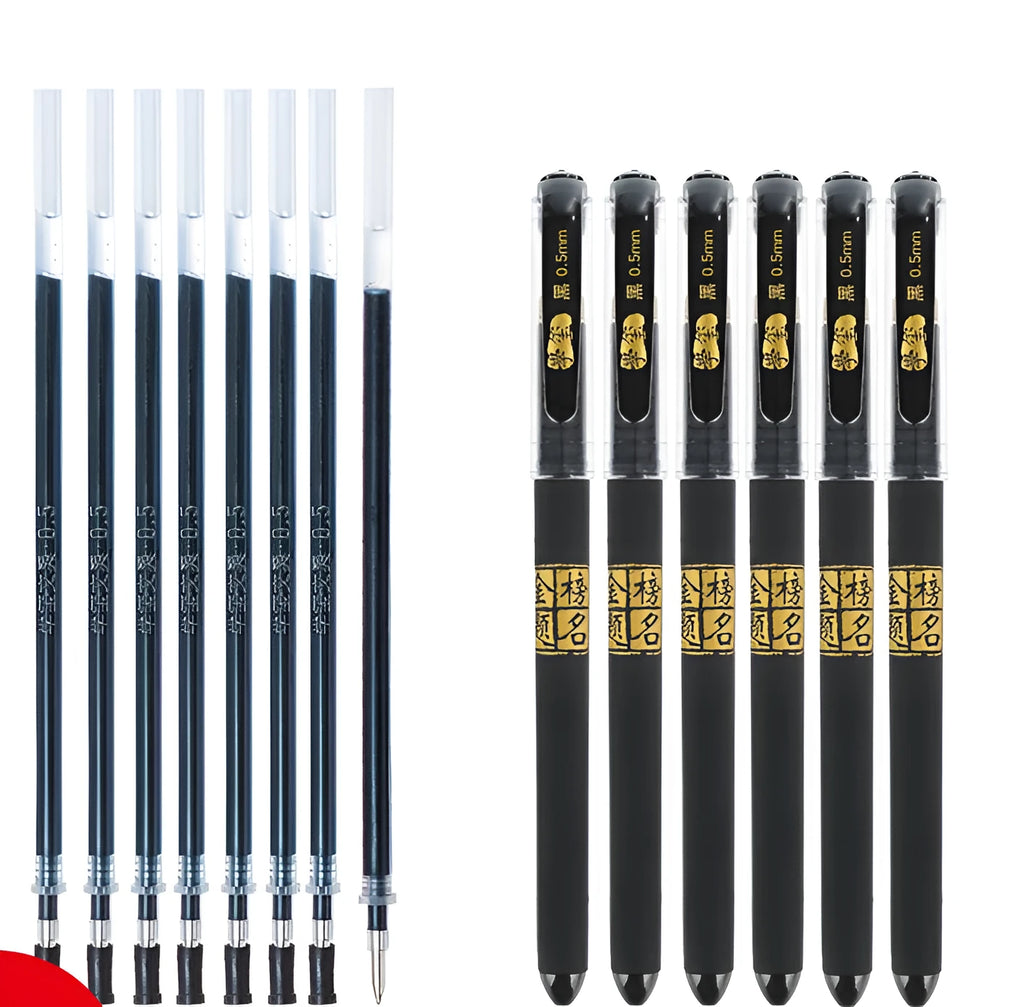8-piece student gel pen set showing bullet tip and needle tip variants with carbon black quick-drying ink