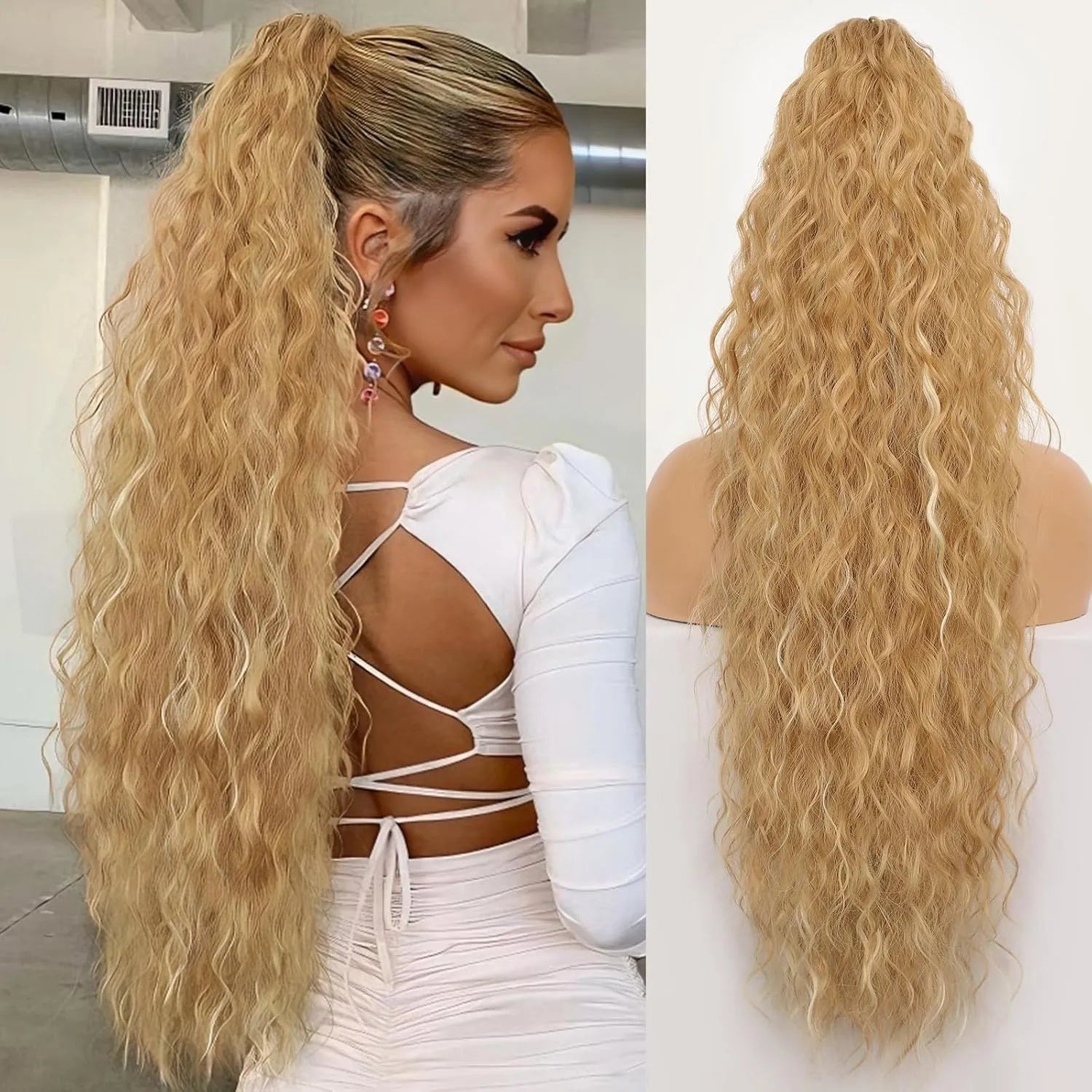 Long 30-inch curly ponytail wig in high temperature fibre for costume and cosplay.