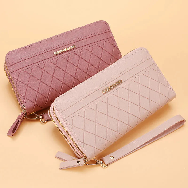 Women's long double zipper wallet in PU leather with multiple card slots – 19cm length, 10.5cm width