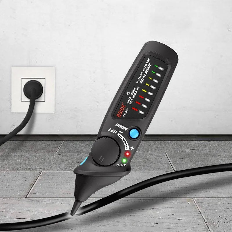 Smart sensor electrical test pencil with a long insulated round tip and LED indicator light.