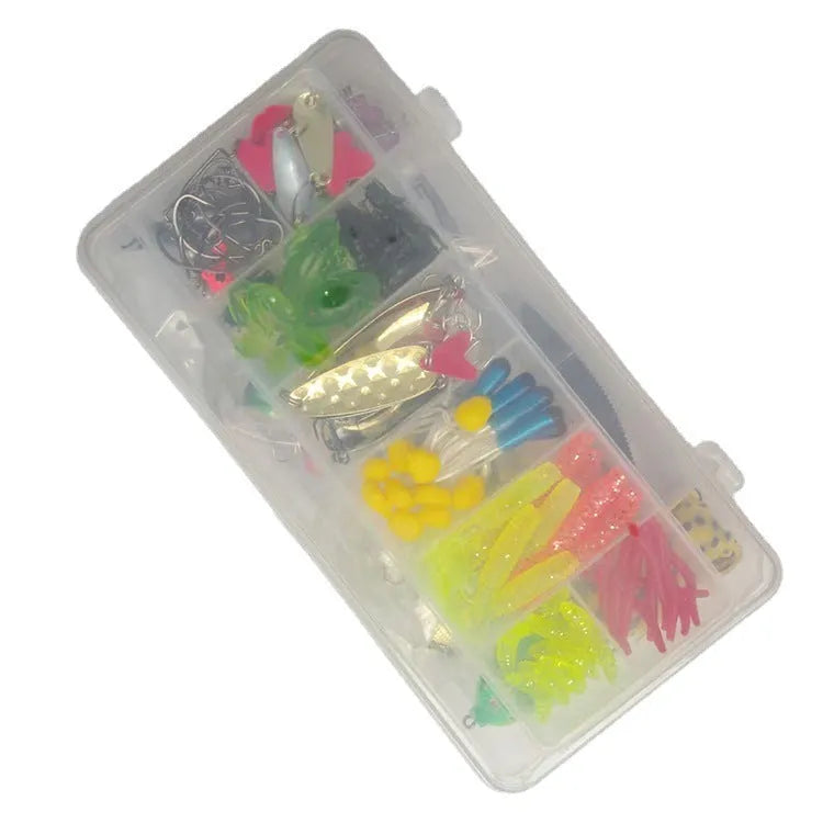 142-piece fishing lure suit set with metal pliers, hard minnow lures, sequin spoons, and hooks on a blue background.